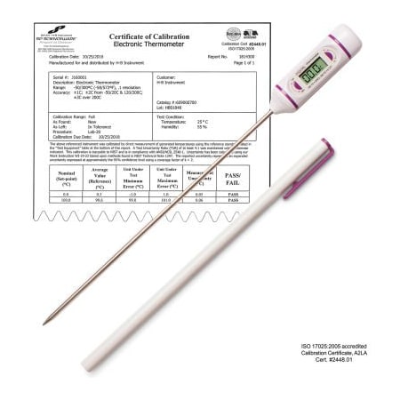 Bel-Art H-B DURAC Calibrated Electronic Stainless Steel Stem Thermometer -50/300C 197mm 7.75 in. Probe 609001500